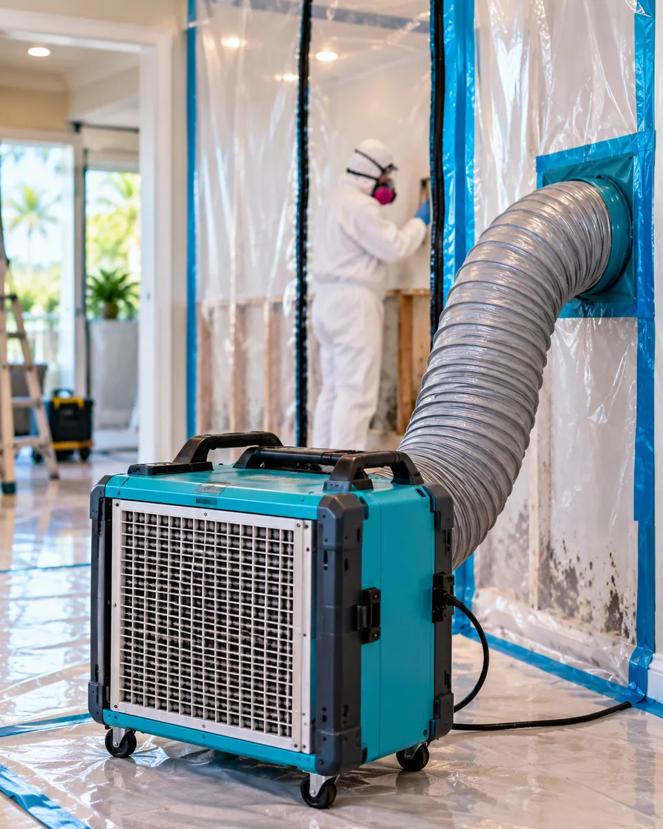 HEPA air scrubber and poly containment set up for mold remediation in Atlantis