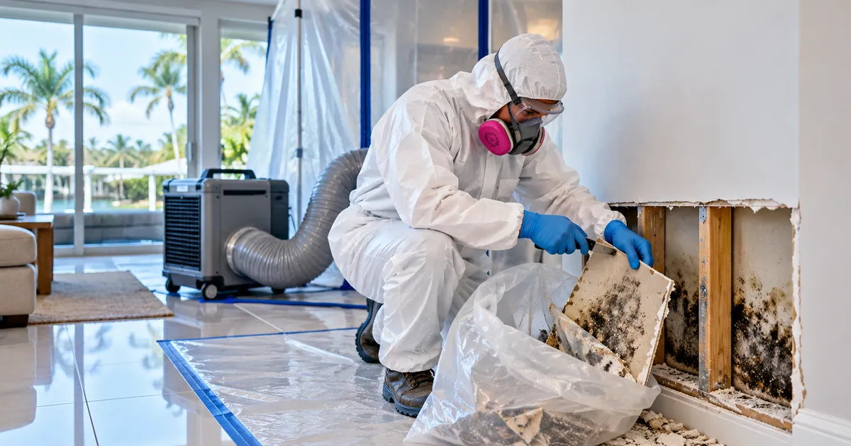 Snowbird-Return Mold Removal in Atlantis, FL — technician removing mold under containment